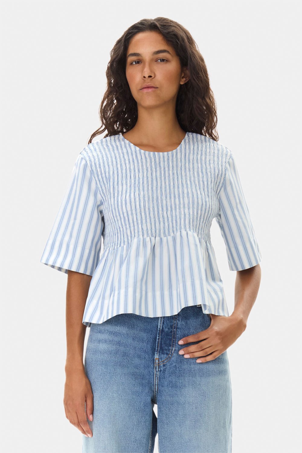 Stripe Cotton Open Back Smock Blous Black Friday Ganni Tilbud